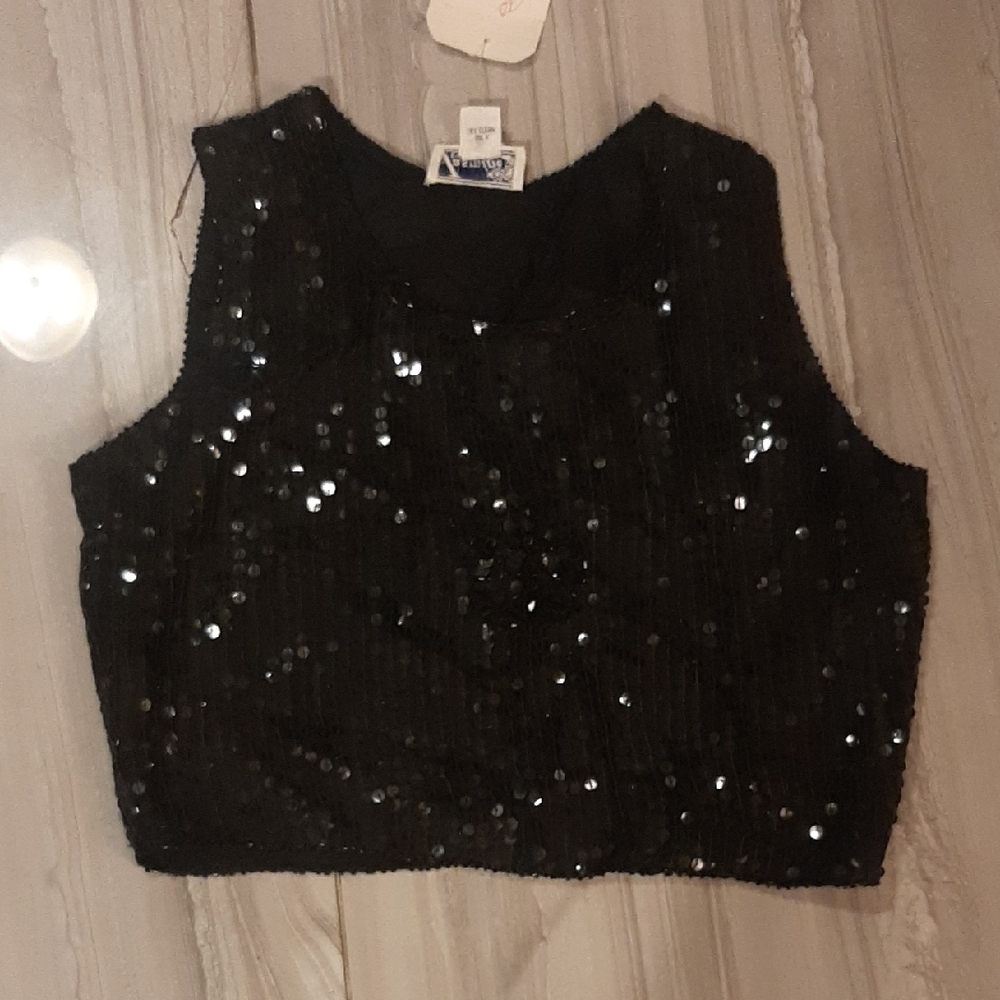 100% Silk Black Sequin Sleeveless Top